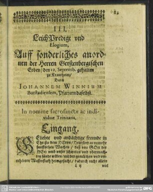 Leichenpredigt : III. Leichpredigt und Elogium. Eingang. Textus. Exordium. Tractatio. Personalia