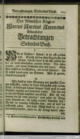 Des Römischen Käysers Marcus Aurelius Antoninus Erbaulicher Betrachtungen Siebendes Buch