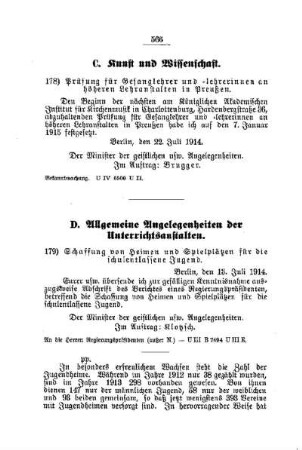 Schaffung von Heimen und Spielplätzen für die schulentlassene Jugend : [D. Allgemeine Angelegenheiten der Unterrichtsanstalten]