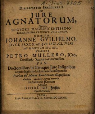 Dissertatio Inauguralis De Jure [Iure] Agnatorum