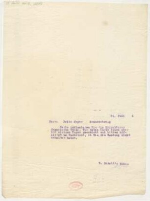 Brief an Fritz Meyer : 21.07.1914