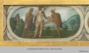 Altar mit Madonna, Engeln, Heiligen und dem segnenden Christus : Martyrium des Heiligen Bartholomäus, Auferstehungschristus und Versuchung des Heiligen Antonius Abbas