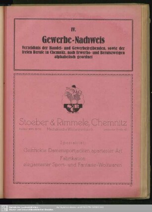 Vierte Abteilung. Gewerbe-Nachweis : IV. Gewerbe-Nachweis. Verzeichnis der Handel- und Gewerbetreibenden, sowie der freien Berufe in Chemnitz, nach Erwerbs- und Berufszweigen alphabetisch geordnet