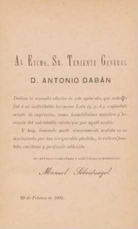 Al Excmo. Sr. Teniente General D. Antonio Dabán