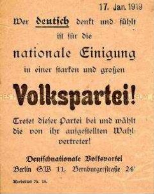 Flugblatt mit Wahl- und Mitgliederwerbung der DNVP