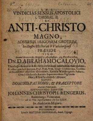 Vindicias sensus apostolici 2. Thessal. II. de Anti-Christo magno adversus Hugonem Grotium