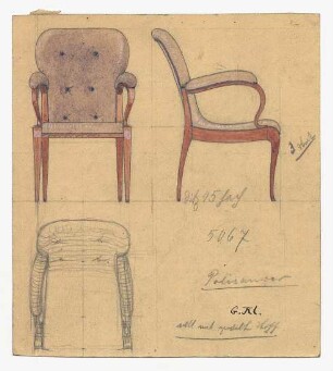 Sitzmöbelentwurf : Stuhl mit Armlehnen in Vorder-, Seiten- und Draufsicht, Maßangaben und Kommentare handschriftlich, signiert