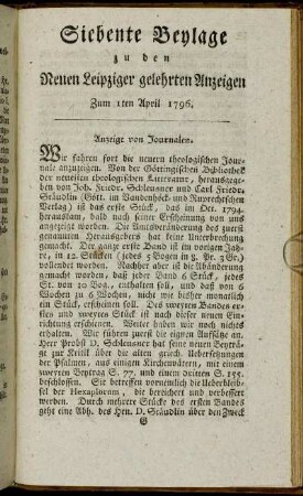 Siebente Beylage zu den Leipziger gelehrten Anzeigen - Zum 1sten April 1796.
