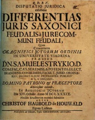 Disp. iur. exhibens differentias iuris Saxonici feudalis a iure communi feudali