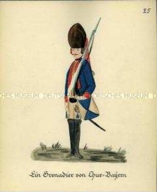 Uniformdarstellung, Grenadier, Kurfürstentum Bayern, 1760/1761. Kopie der Originaltafel 25 aus Becher: Wahrhaftige Nachrichten.