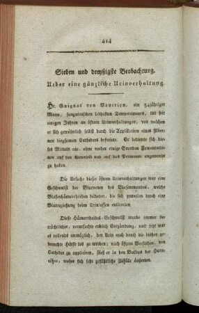 Sieben und dreißigste Beobachtung. Ueber eine gänzliche Urinverhaltung.