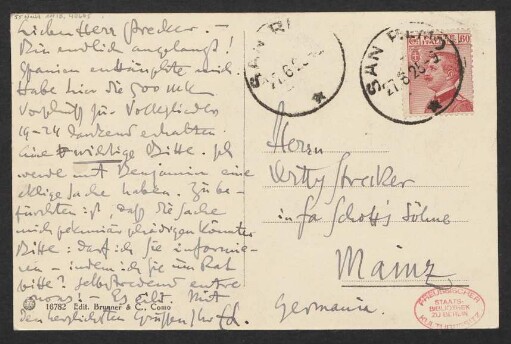 Brief an Willy Strecker und B. Schott's Söhne