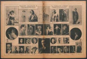 Memorable representación de "La Verbena de la Paloma" : En el gran festival artístico últimamente realizado por el "Círculo d ela Prensa", en el teatro Coliseo, se hizo una representación extraordinaria de "La Verbena de la Paloma".- Tomaron parte en el popular sainete lírico, del maestro Bretón, los artistas españoles y nacionales cuyas fotografías publicamos en esta doble página, como recuerdo de la jornada.
