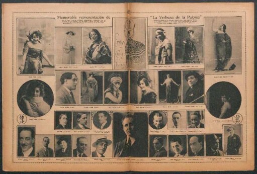 Memorable representación de "La Verbena de la Paloma" : En el gran festival artístico últimamente realizado por el "Círculo d ela Prensa", en el teatro Coliseo, se hizo una representación extraordinaria de "La Verbena de la Paloma".- Tomaron parte en el popular sainete lírico, del maestro Bretón, los artistas españoles y nacionales cuyas fotografías publicamos en esta doble página, como recuerdo de la jornada.