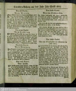 Calender-Anhang auf das Jahr Jesu Christi 1803