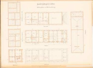 Landgericht und Gefängnis, Posen: Küchengebäude, Pförtnerwohnung: Grundrisse Fundamente, KG, EG, 1.OG, DG, Balkenlage