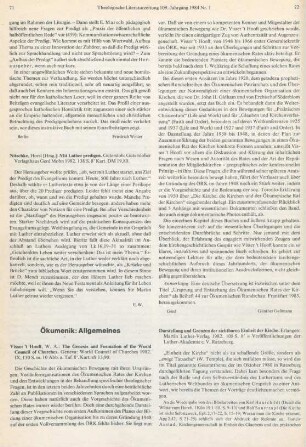71-72 [Rezension] Visser 't Hooft, Willem Adolph, The genesis and formation of the World Council of Churches