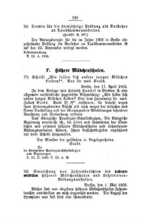 Einreichung von Jahresberichten der vollentwickelten höheren Mädchenschulen und Lehrerinnen-Bildungsanstalten : [F. Höhere Mädchenschulen]