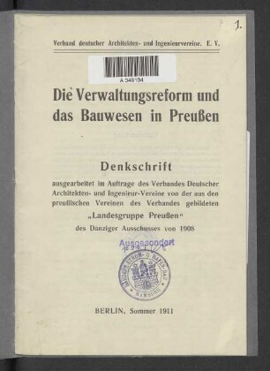 Die Verwaltungsreform und das Bauwesen in Preußen : Denkschrift