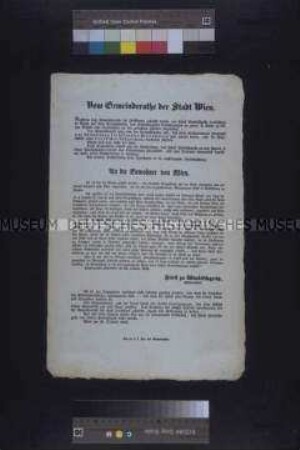 Maueranschlag: Bekanntmachung des Gemeinderates der Stadt Wien über die Verhandlungen mit Fürst Windischgrätz; Wien, 26. Oktober 1848