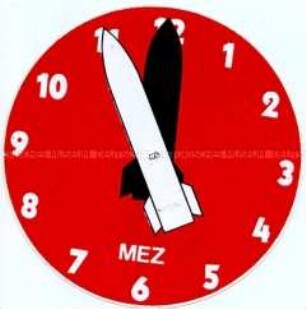 Aufkleber mit der Mahnung zur Abrüstung in Gestalt einer Uhr mit Zeigern in Form von Raketen