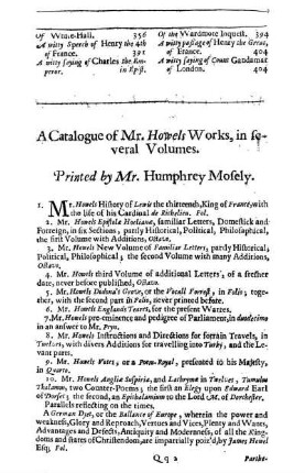 A Catalogue of Mr. Howels Works, in several Volumes. Printed by Mr. Humphrey Mosely