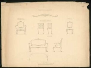 Möbelentwürfe: Sofa, Tisch, Stühle 1:10 (für Regentenstraße 12, Berlin-Tiergarten)