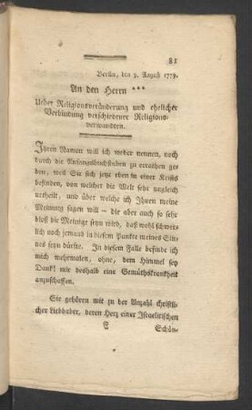 An den Herrn *** Ueber Religionsveränderung und ehelicher Verbindung verschiedener Religionsverwandten