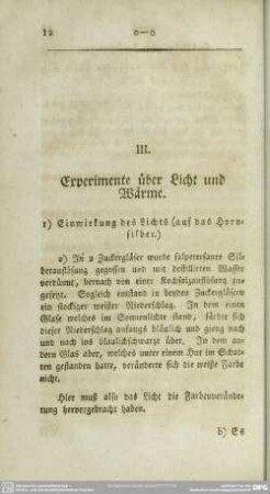 III. Experimente über Licht und Wärme