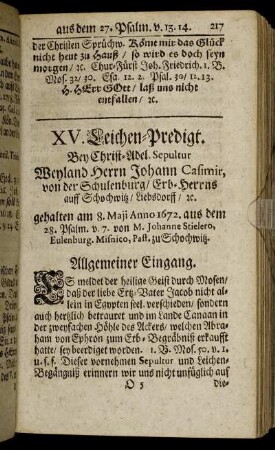 XV. Herrn Johann Casimir, von der Schulenburg/ Erb-Herrns auff Schochwitz/ Liebsdorff/ [et]c.