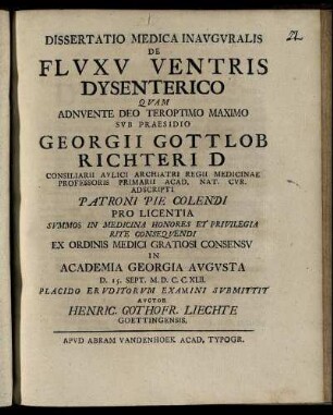 Dissertatio Medica Inauguralis De Fluxu Ventris Dysenterico : D. 15. Sept. M. D. C. C. XLII.