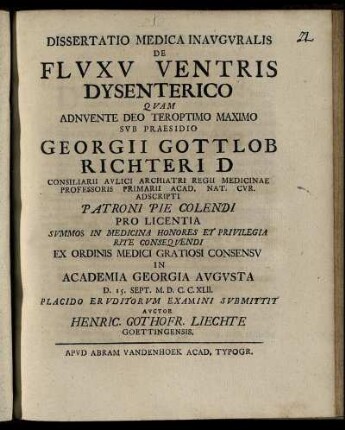 Dissertatio Medica Inauguralis De Fluxu Ventris Dysenterico : D. 15. Sept. M. D. C. C. XLII.