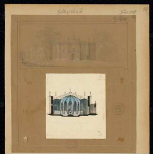 Erbbegräbnis Monatskonkurrenz Juni 1829: Längsschnitt mit angedeuteter Innenraumbemalung, perspektivische Ansicht; Maßstabsleiste