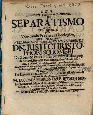 Disputatio Inauguralis Theologica De Separatismo