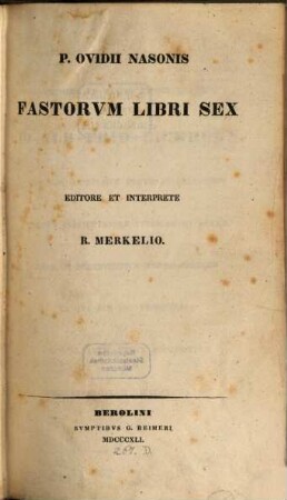 P. Ovidii Nasonis Fastorum libri sex