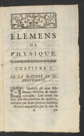 Elemens De Physique. Chapitre I. De La Matiere Et Du Mouvement
