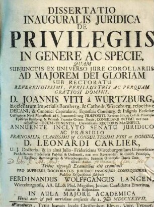 Dissertatio Inauguralis Juridica De Privilegiis In Genere Ac Specie : Subjunctis Ex Universo Jure Corollariis