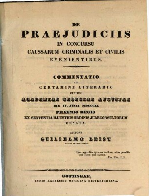 De praeiudiciis in concursu causarum criminalis et civilis evenientibus : Commentatio ... praemio ... ornata