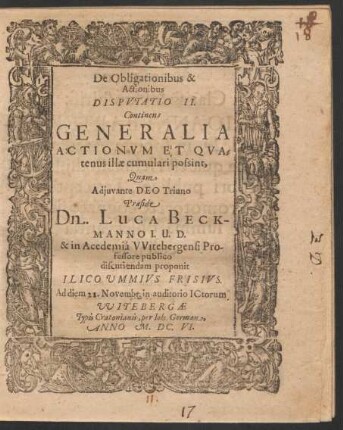 De Obligationibus & Actionibus Disputatio II. Continens Generalia Actionum Et Quatenus illae cumulari possint