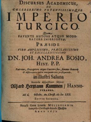 Discursus Academicus De Celeberrimo Potentissimoque Imperio Turcico