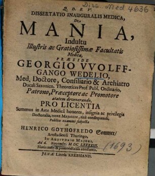 Dissertatio Inauguralis Medica, De Mania