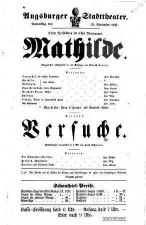 Augsburger Stadttheater. Donnerstag, den 25. September 1856. Dritte Vorstellung im ersten Abonnement. Mathilde. Bürgerliches Schauspiel in vier Aufzügen von Roderich Benedir