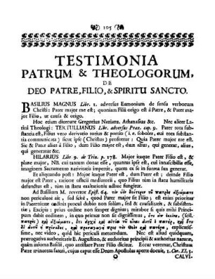 Testimonia patrum & Theologorum, de deo patre, filio, & Spiritu sancto.