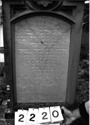Grabstein 2220 (Index: 100097276) Maße HxBxT: 127x53x23 cm Symbolik: Blumenkranz: Grabstein 2220 (Detailaufnahme)