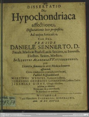 Dissertatio De Hypochondriaca affectione : Disputationis loco proposita ...