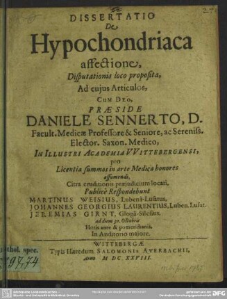 Dissertatio De Hypochondriaca affectione : Disputationis loco proposita ...
