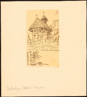 Zwei rumänische Dorfkirchen in Siebenbürgen: Zwei Durchzeichnungen: Perspektivische Ansichten der Kirchen, davon einer Holzkirche, nach der Illustrierten Zeitung, 1874/1639, S. 420