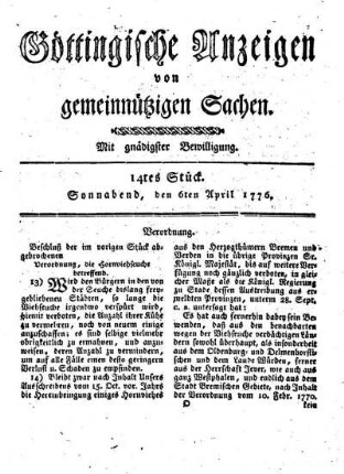 14tes Stück. Sonnabend, den 6ten April 1776.