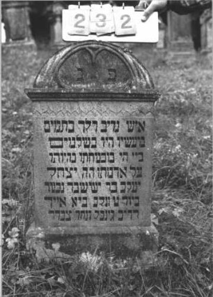 Grabstein 232 (Index: 100106989) Material: Sandstein Zustand: leicht verwittert, viele Lettern falsch nachgezogen Maße HxBxT: 98x51x11 cm Beschreibung: Stele mit Abdeckplatte und Rundbogenaufsatz, Sockel Symbolik: floral: Grabstein 232