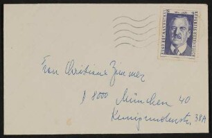 Brief an Christiane Zimmer mit österreichischer Briefmarke von 1974, auf der Hofmannsthal abgebildet ist